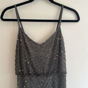 Adrianna Papell Spaghetti Strap Beaded Blouson Ball Gown Dress, Gunmetal